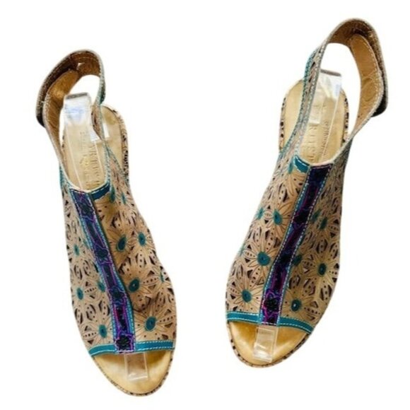 L"Artiste by Spring Step VTG Floral Tan-Teal Laser-Cut Floral Slingback Heels 39 - Picture 1 of 8